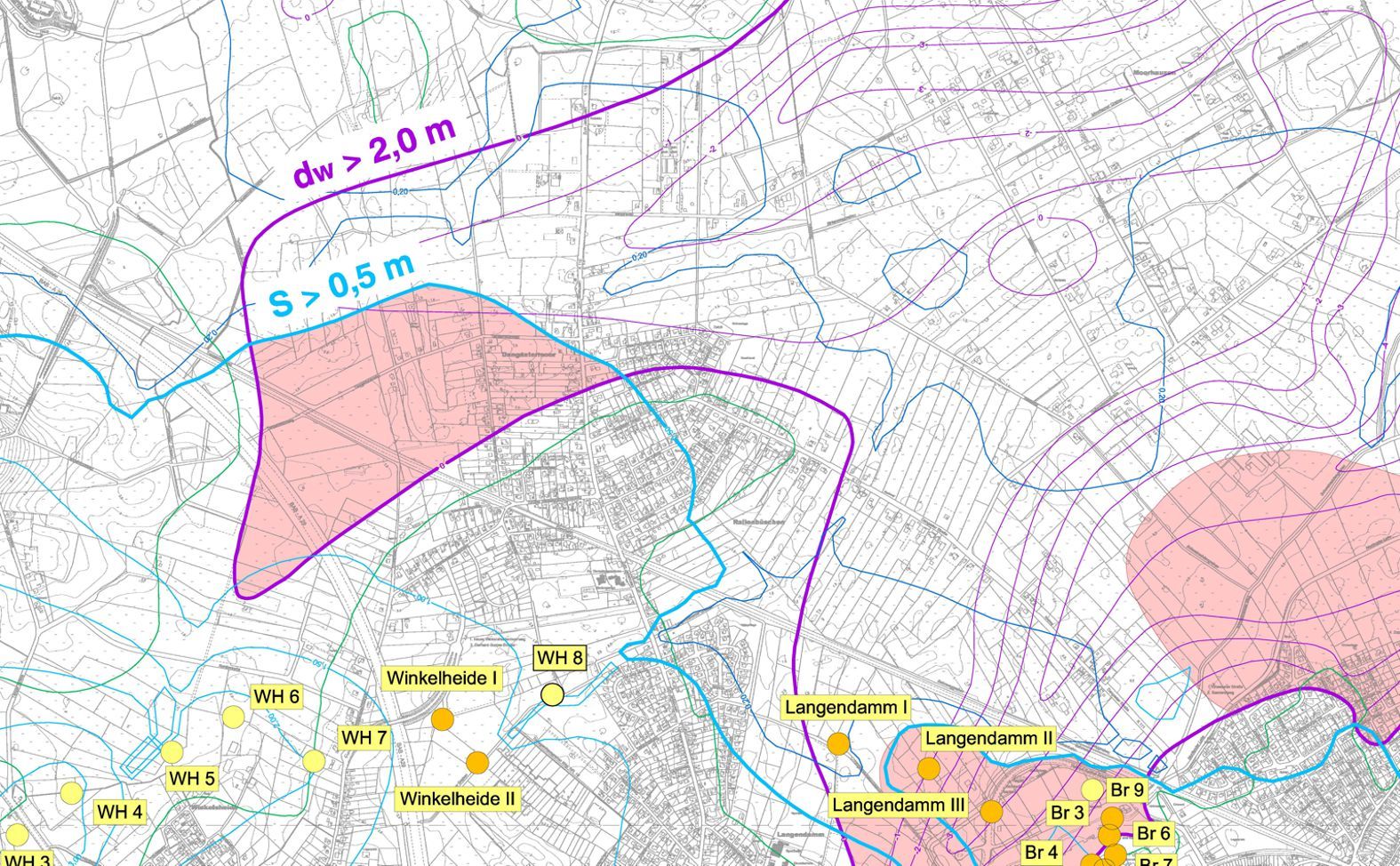 Karte mit rosa Bereichen, Wasserlinien und Beschriftungen wie „dh > 2,0 m“ und „S > 0,5 m“.