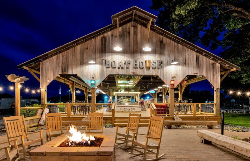 Night view of Boat House at Hidden Harbour Marina