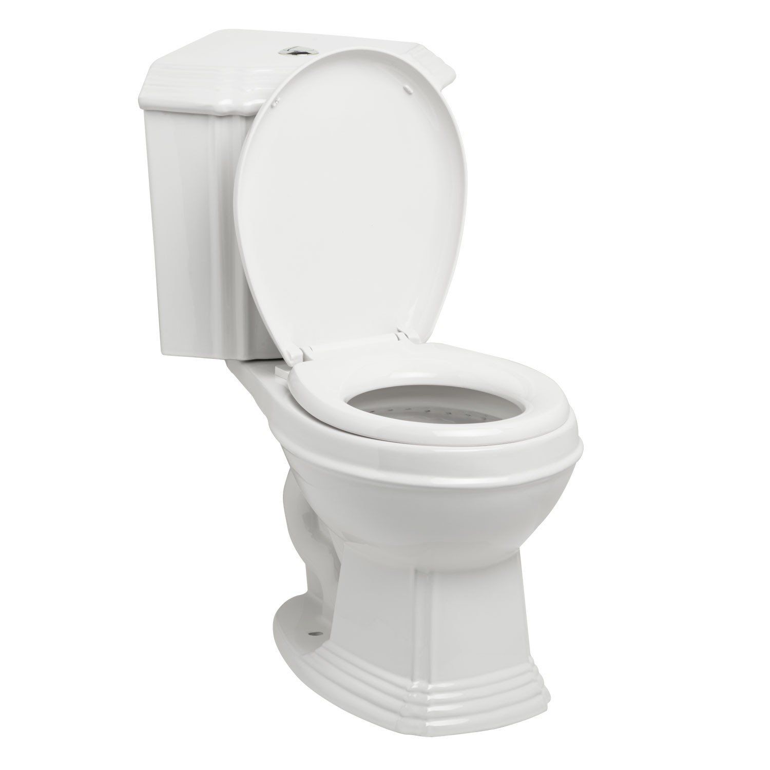 A white toilet with the lid open on a white background