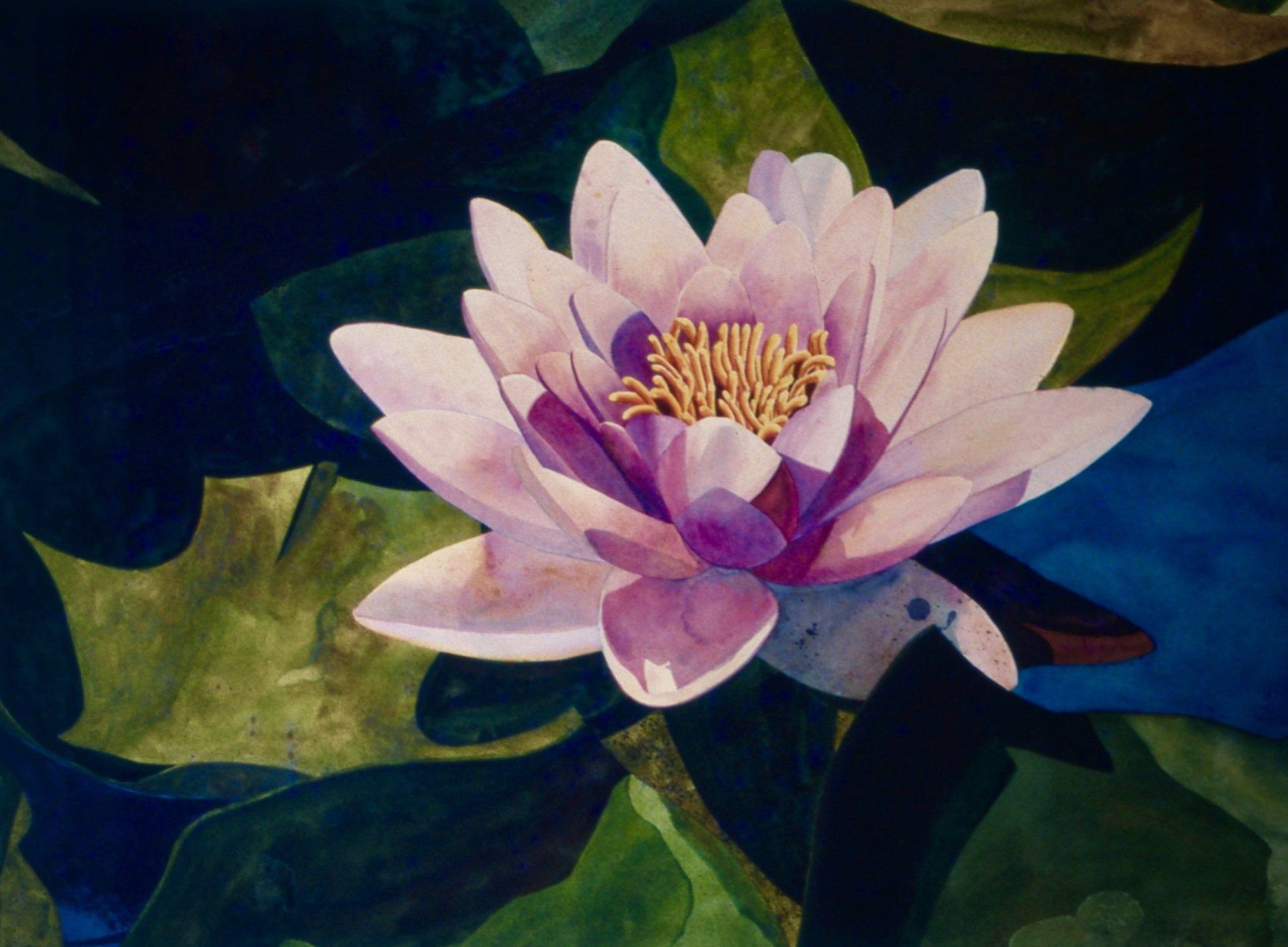 A painting of a pink flower with a yellow center