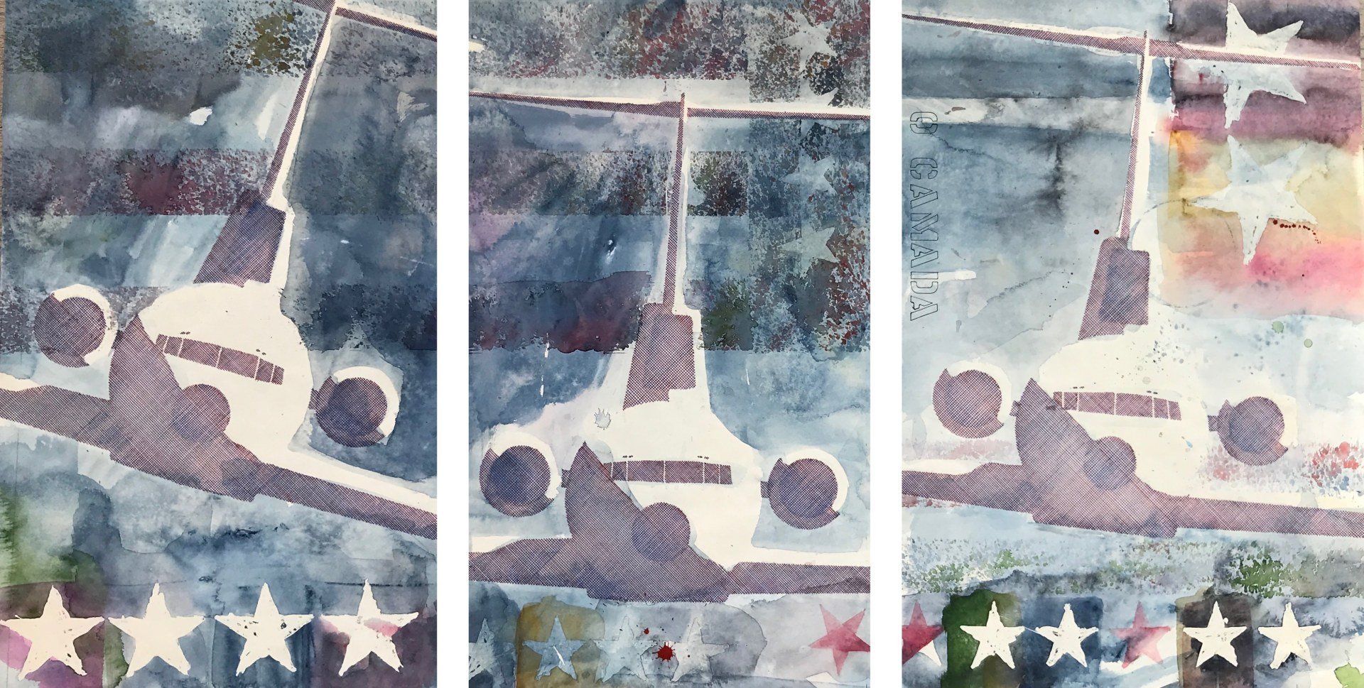 A collage of three paintings of a plane and stars on a blue background.