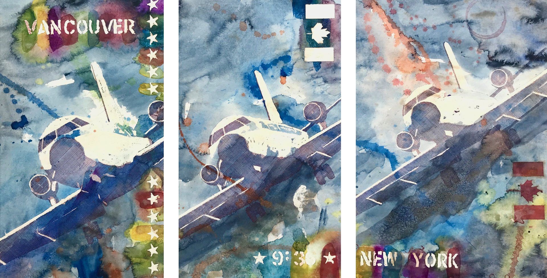 A watercolor painting of an airplane flying over a runway in vancouver and new york