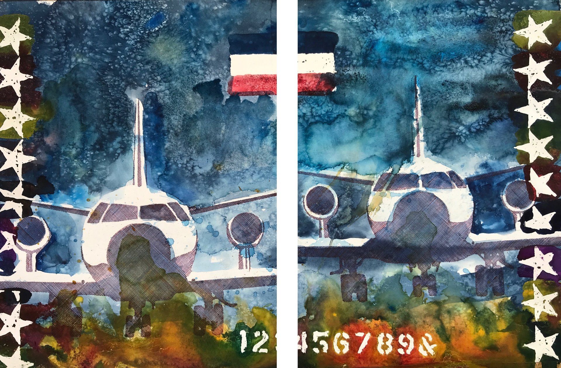 A painting of two airplanes with the numbers 12 and 156789 on them.