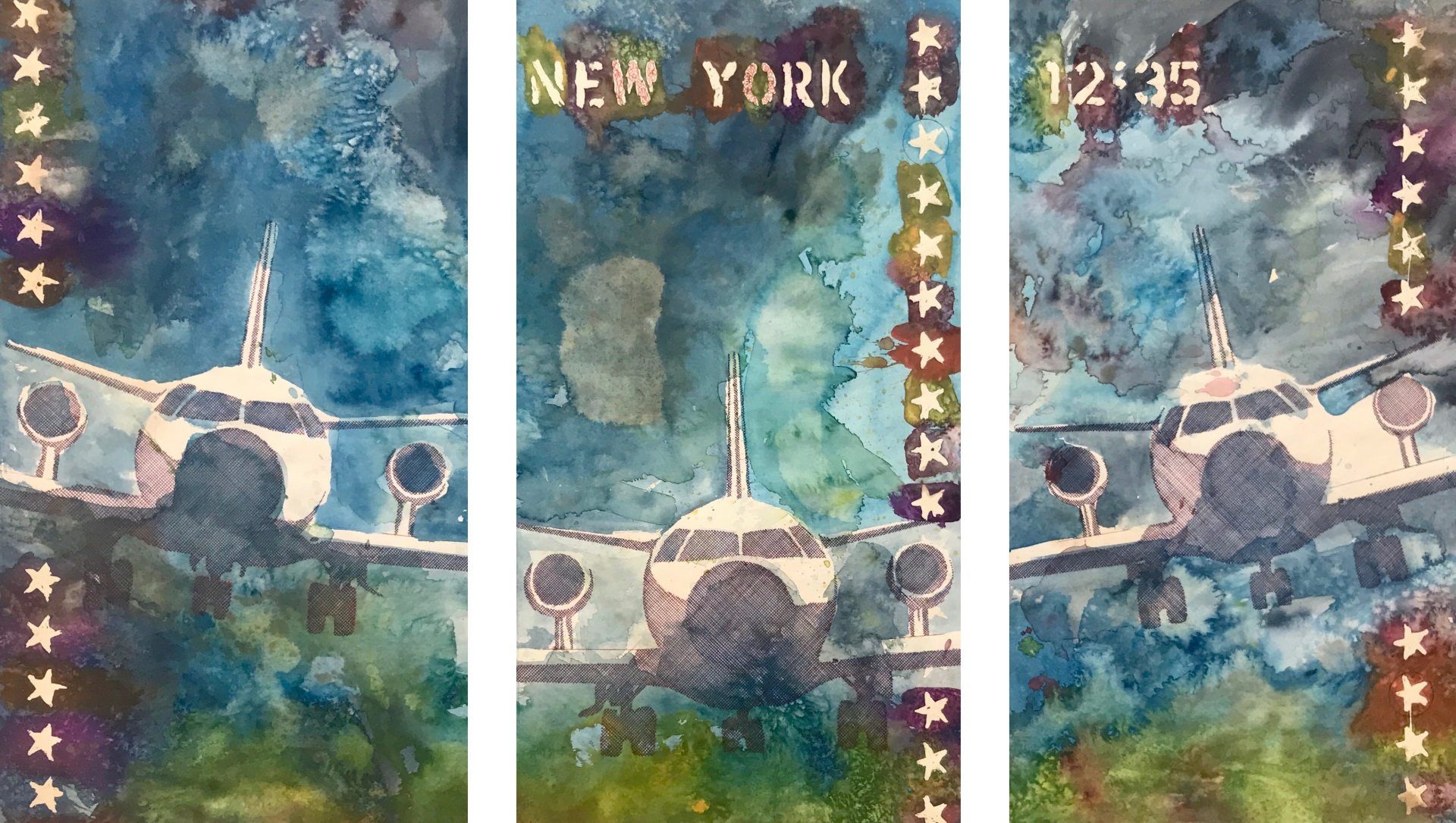 A painting of a plane flying over new york