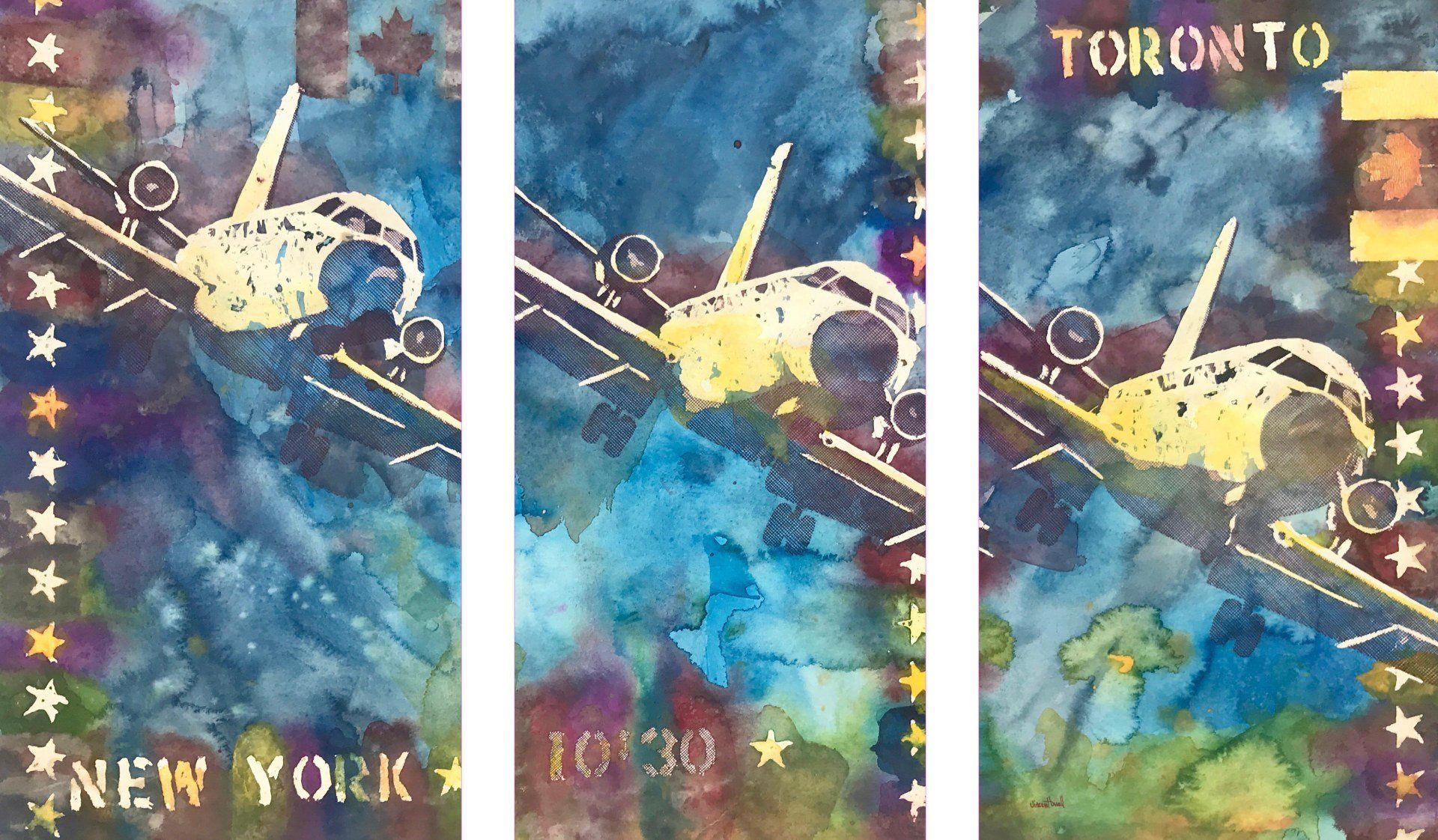 A painting of a plane flying over toronto and new york