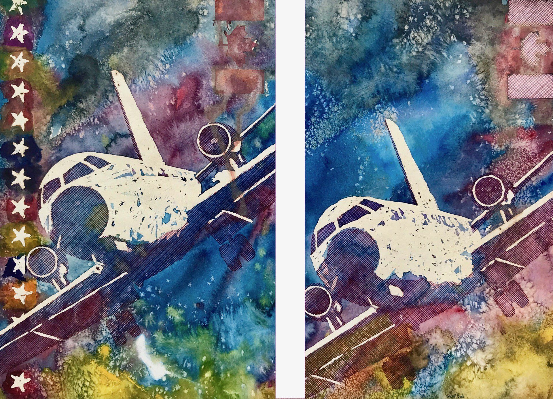 A painting of a space shuttle flying through space