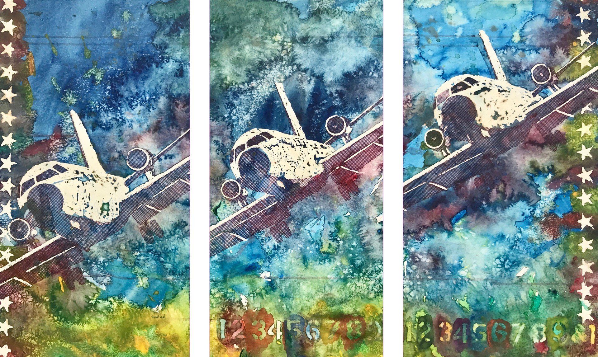 A painting of three space shuttles flying over a bridge.