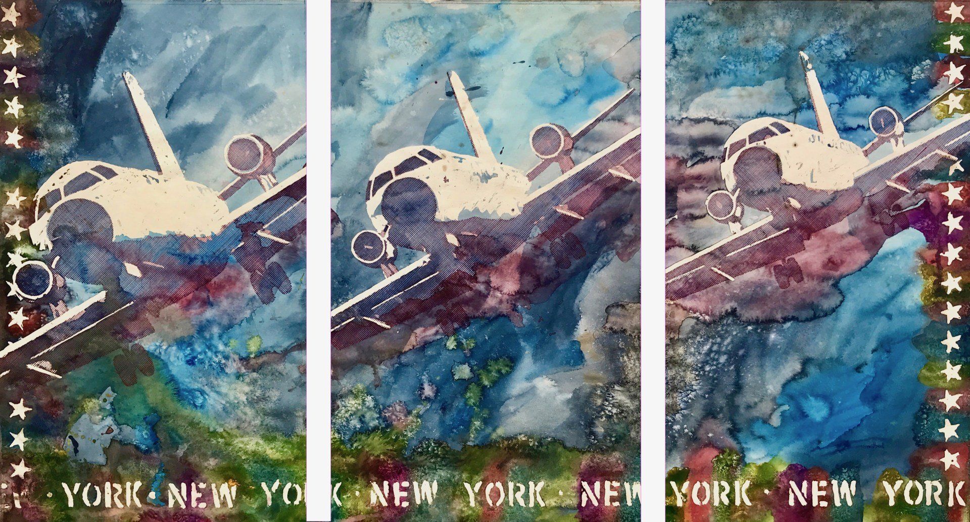 A painting of a plane flying over new york city