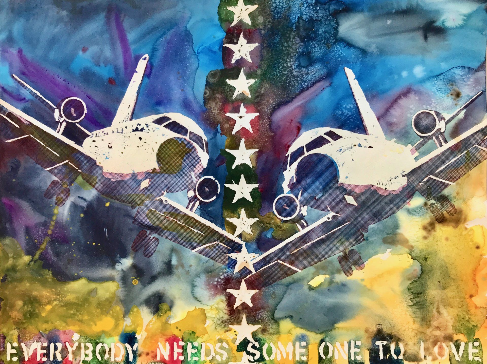 A painting of two airplanes with the words everybody needs some one to love