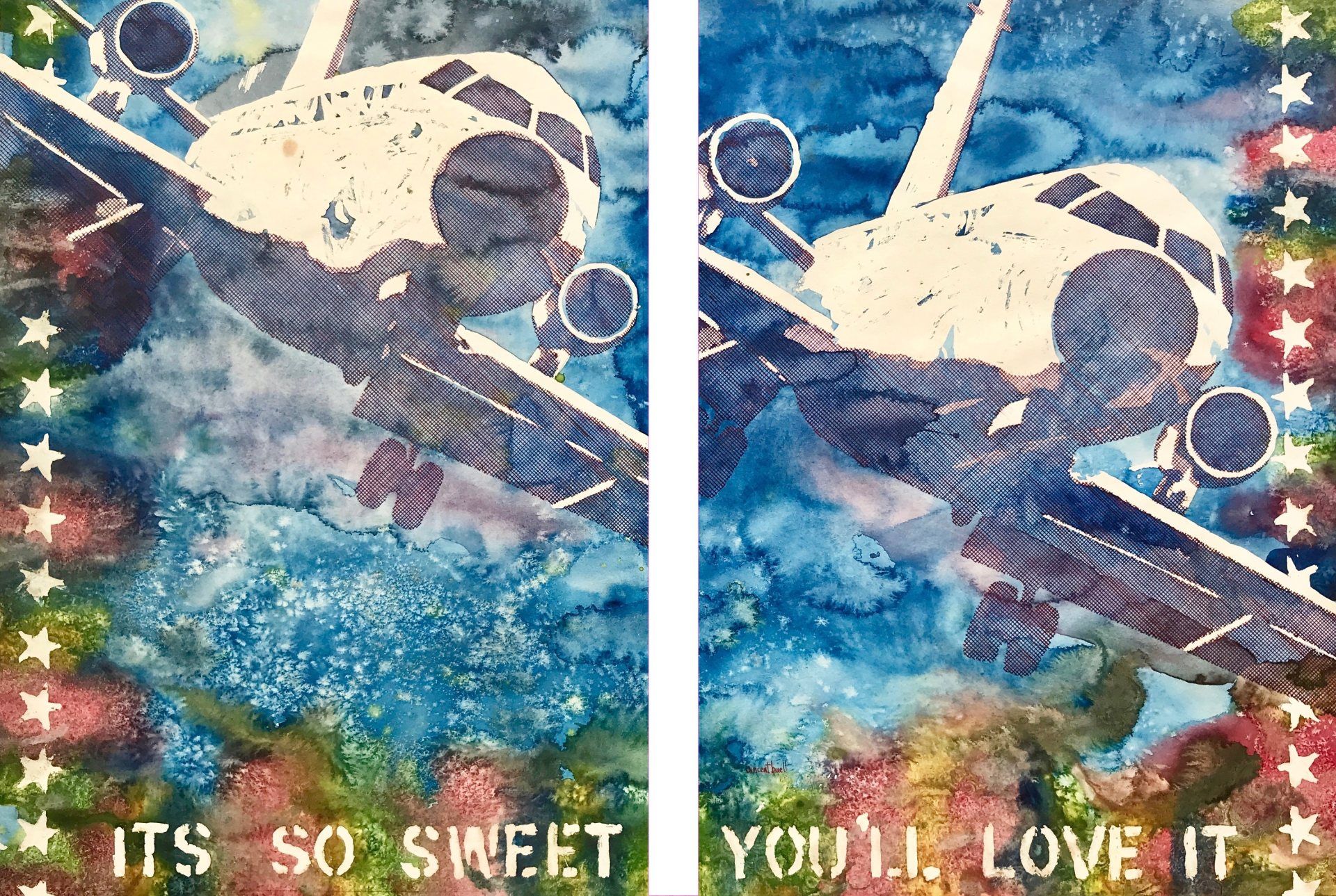 A painting of two airplanes with the words it 's so sweet you 'll love it