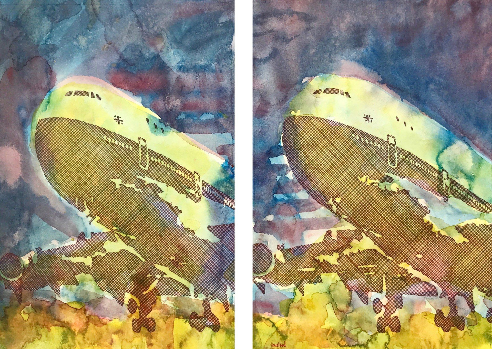 Two watercolor paintings of a plane flying in the sky