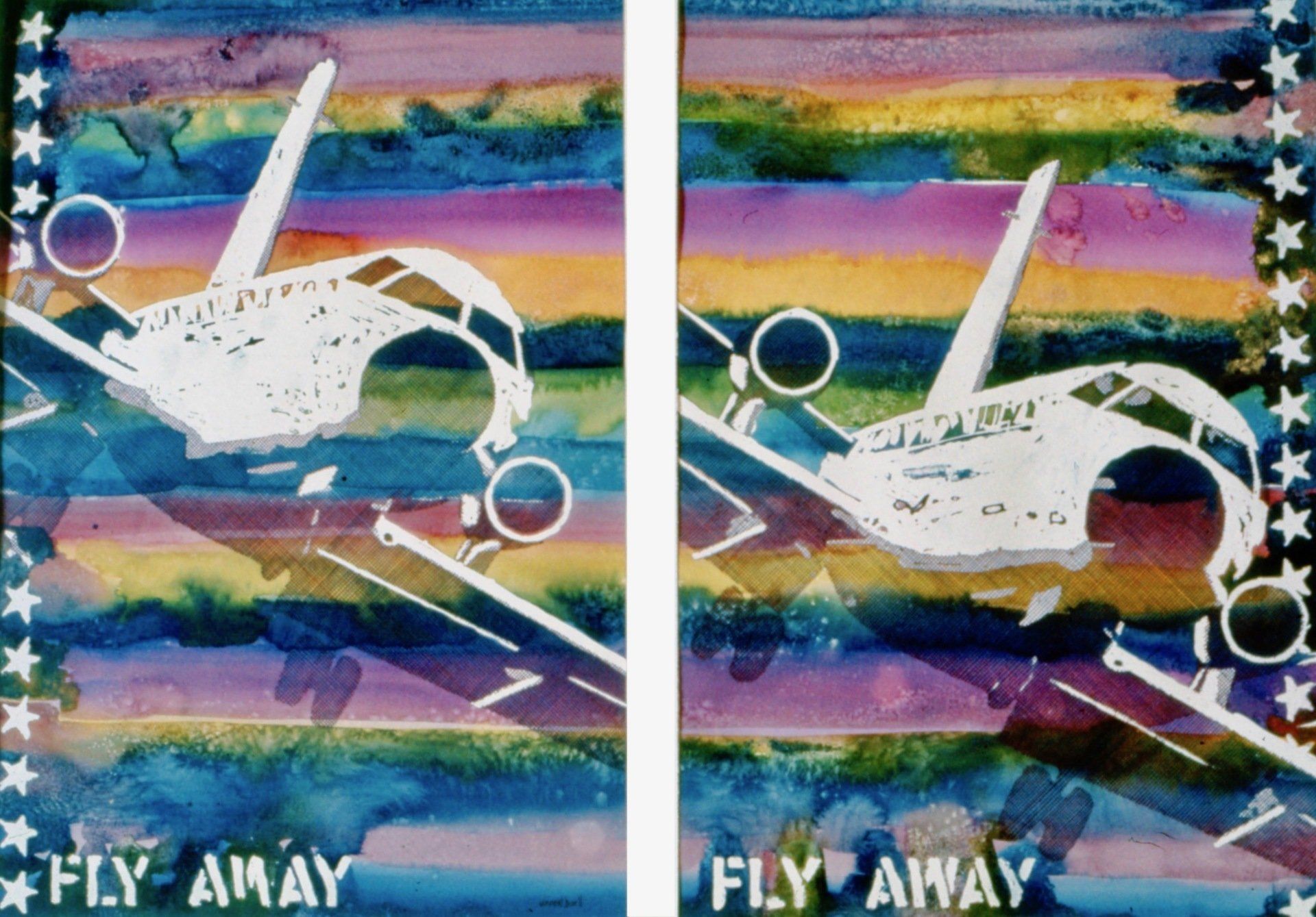 A painting of two airplanes with the words fly away on the bottom