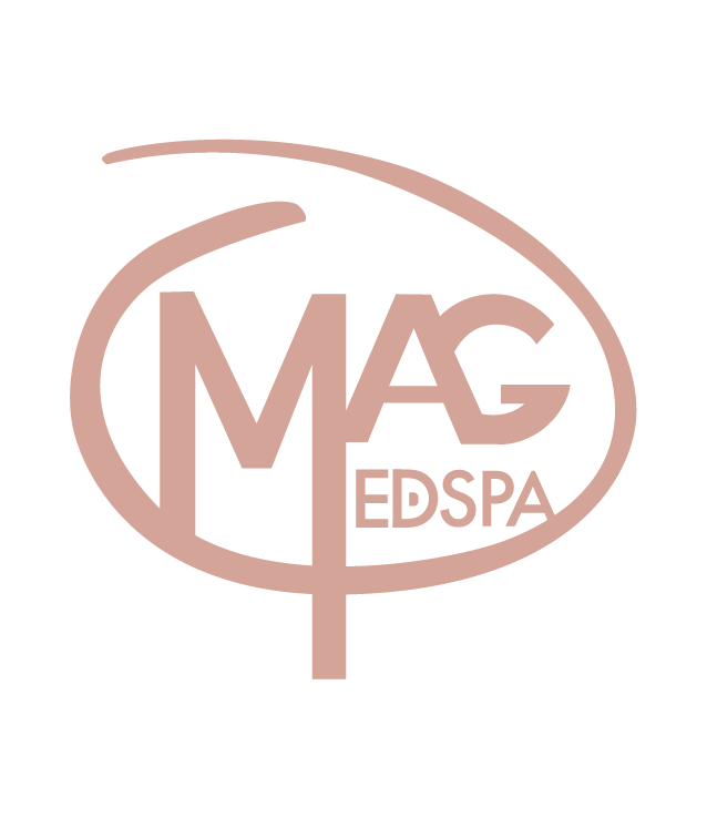 A pink logo for mag edspa on a white background