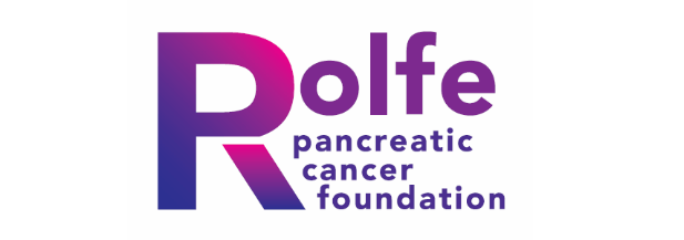 The logo for the rolfe pancreatic cancer foundation is purple and blue.