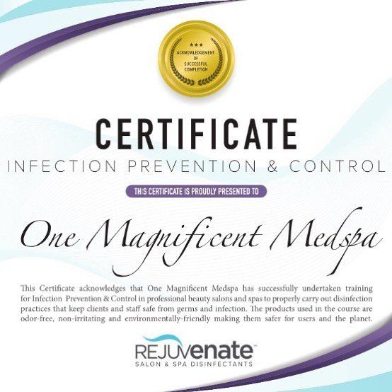 A certificate for infection prevention and control for one magnificent medspa