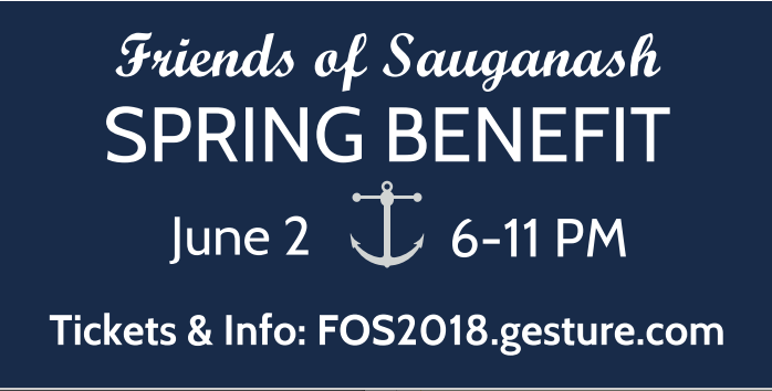 A blue sign that says friends of sauganash spring benefit
