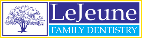 A blue and yellow logo for lejeune family dentistry