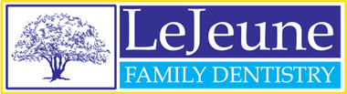 A blue and yellow logo for lejeune family dentistry