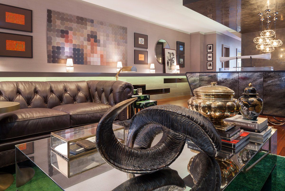 A living room with a couch and a coffee table