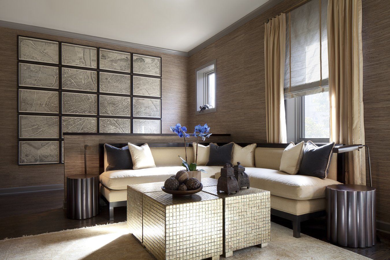 A living room with a couch and two coffee tables