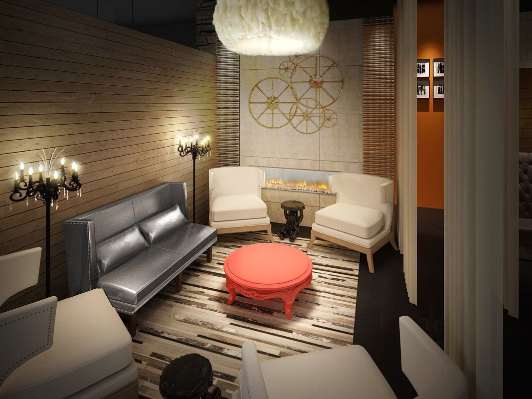 An artist 's impression of a living room with a couch and chairs