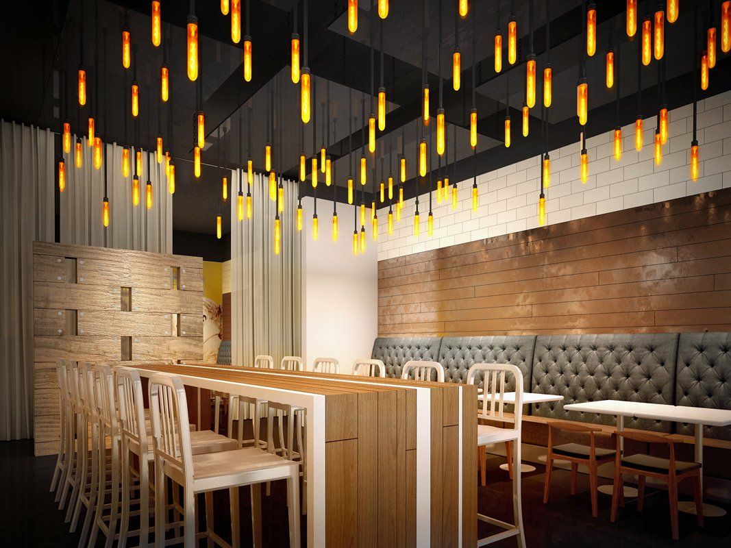 An artist 's impression of a restaurant with tables and chairs