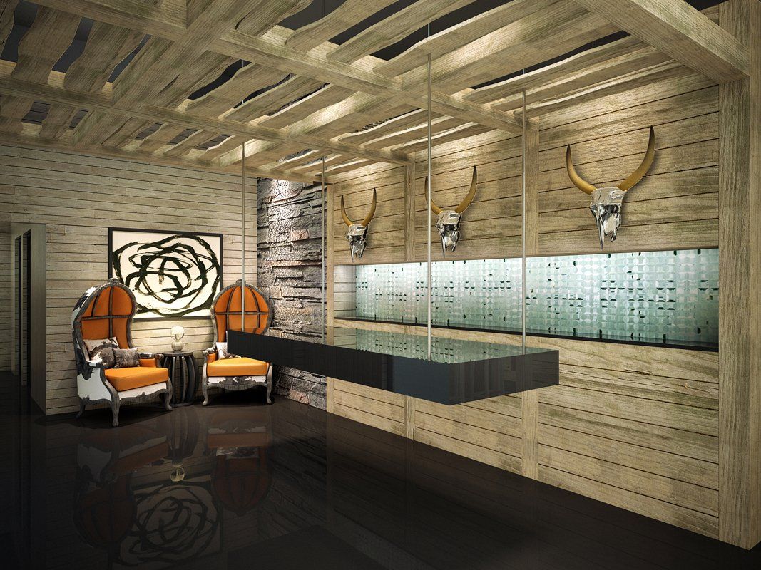 An artist 's impression of a room with cow skulls on the wall.