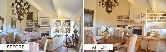 A before and after photo of a living room and dining room