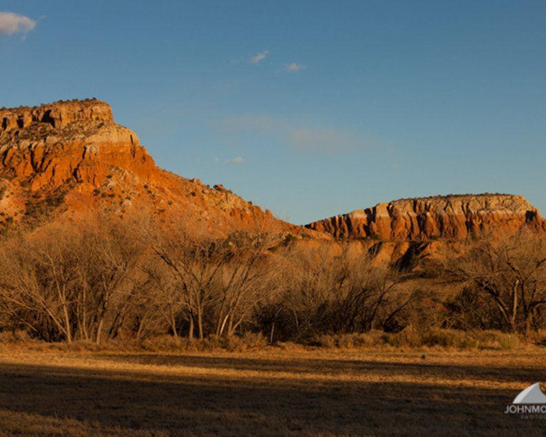 Red rock formations at sunrise over bare trees and a field.