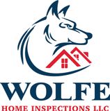 The logo for wolfe home inspections llc shows a wolf with a house in the background.