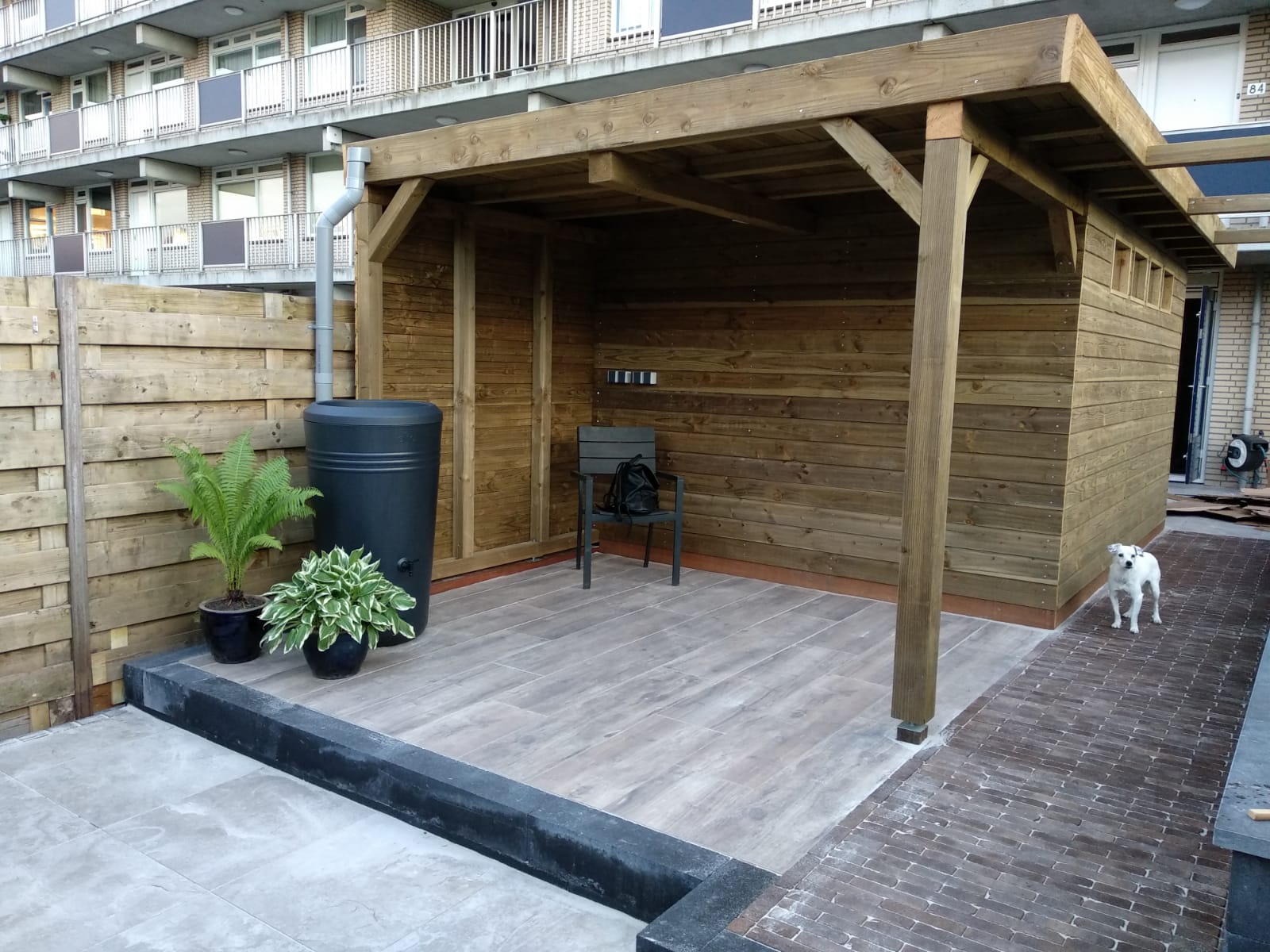 Houten schuilplaats met een latten dak, grijze vloer, regenton en hond.