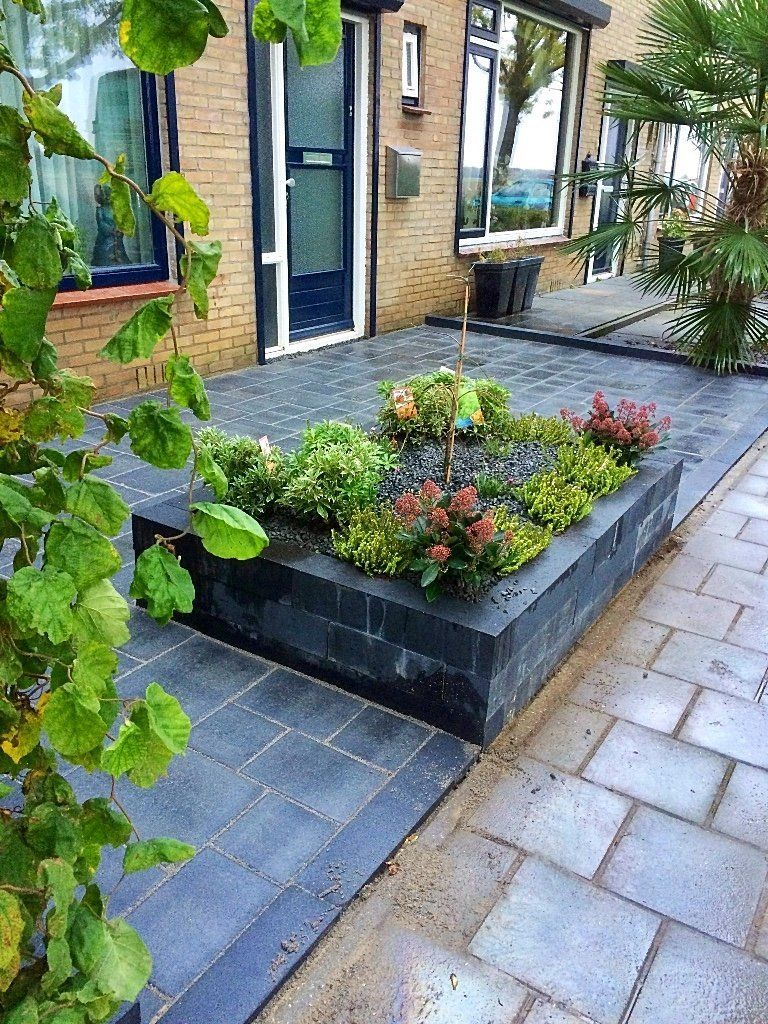 Verhoogd bloembed met diverse planten, geplaatst op donkergrijze bestrating voor een huis.