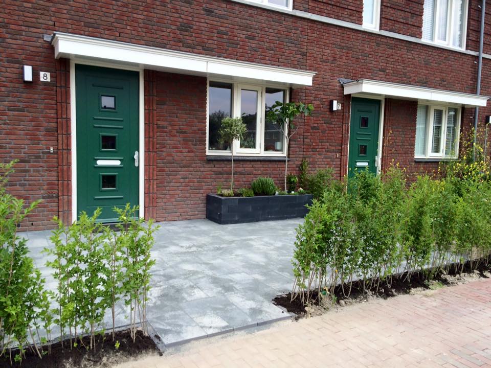 Bakstenen rijtjeshuizen met groene deuren, witte kozijnen en een kleine heg ervoor.