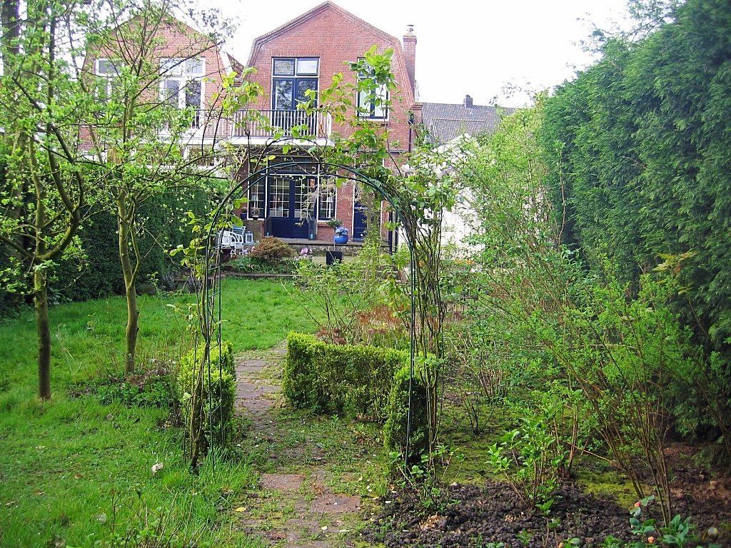 Bakstenen huis met achtertuin en bomen. Verwilderd gras en gesnoeide hagen.