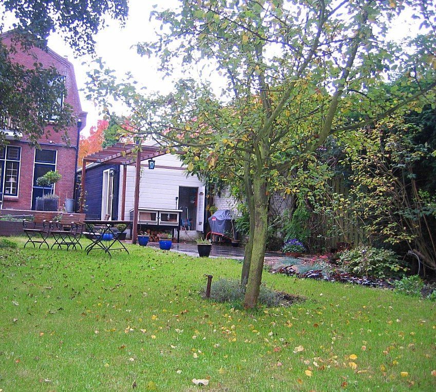 Gazon met een boom op de voorgrond, een klein schuurtje en een bakstenen gebouw op de achtergrond. Bewolkte dag.