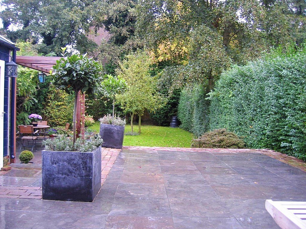 Terras met vierkante plantenbakken, kleine bomen en een groen gazon, omgeven door hagen en bomen.