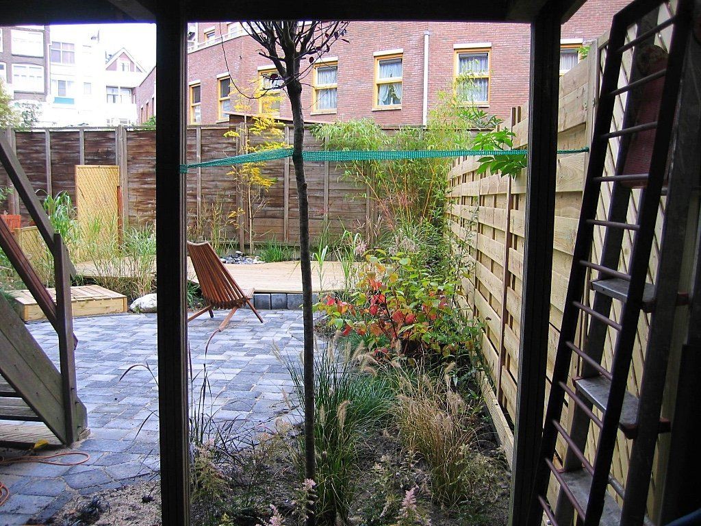 Uitzicht door een deuropening op een achtertuin met planten, een stoel en een bakstenen gebouw.