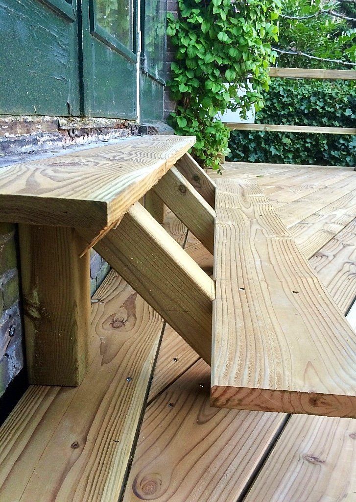 Een houten bank, ingebouwd op een terras, vlakbij een groene muur en een met klimop begroeide schutting.
