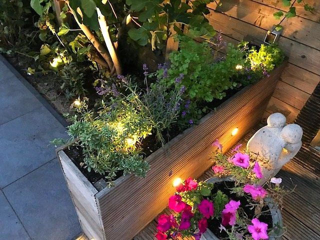Houten plantenbak met verlicht groen en paarse bloemen, naast een stenen sculptuur en roze petunia's in potten.