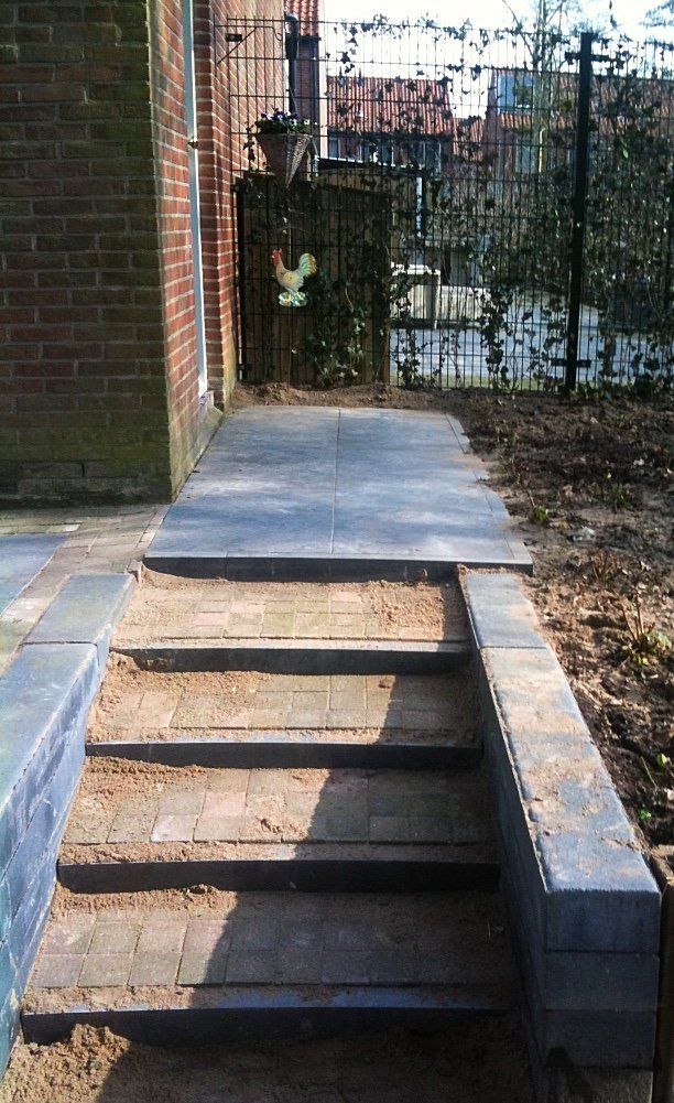 Bakstenen trappen leiden naar een pad met een smeedijzeren poort.