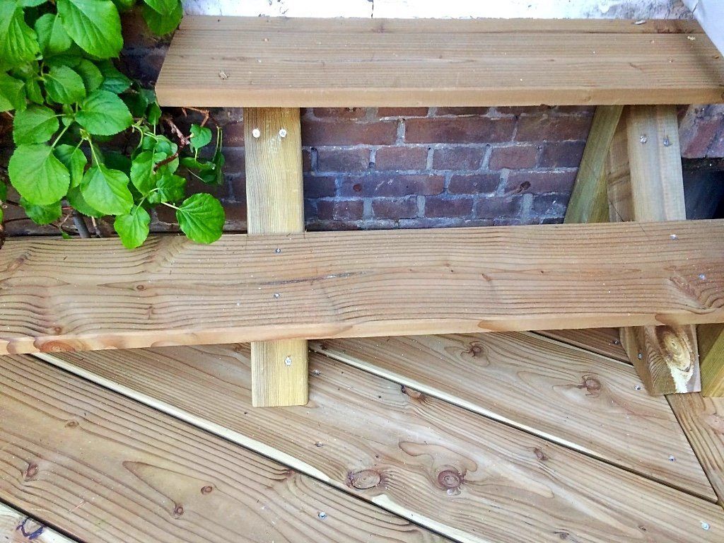 Houten terras met een bakstenen muur op de achtergrond. Aan de linkerkant groeit groen.