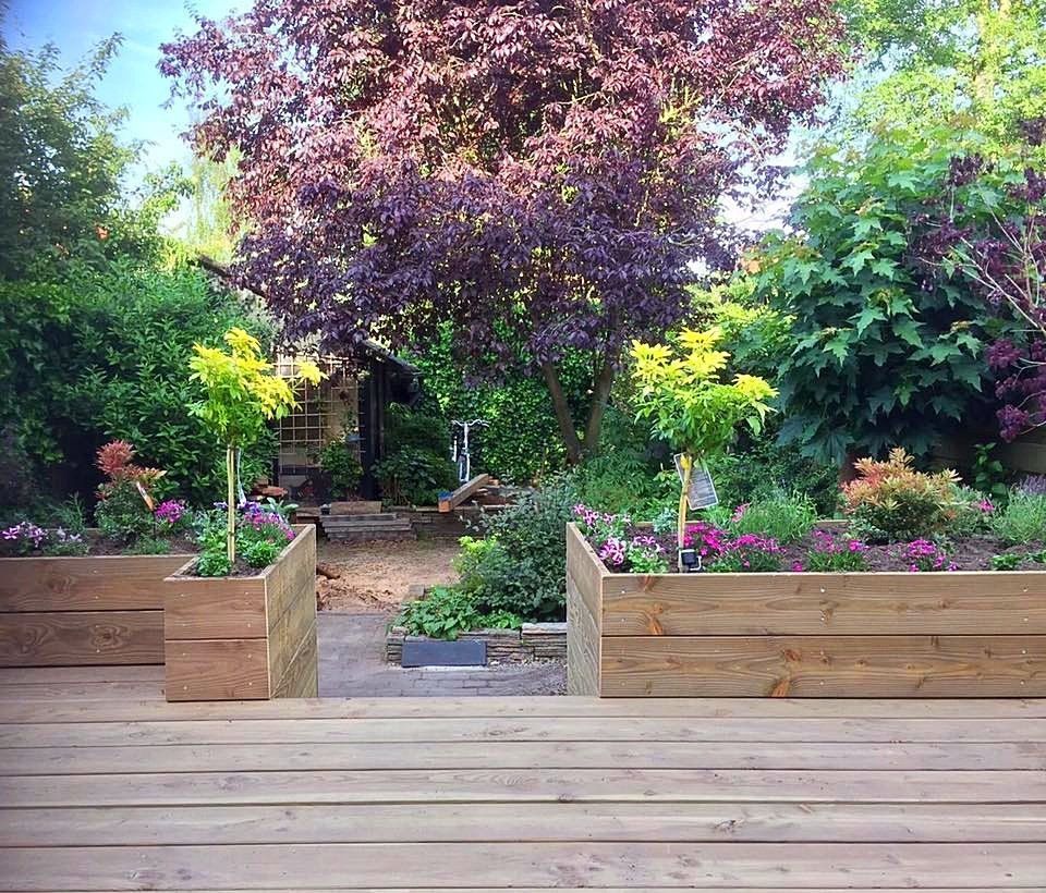 Verhoogde houten bloembedden met bloemen op een houten terras, met bomen op de achtergrond.