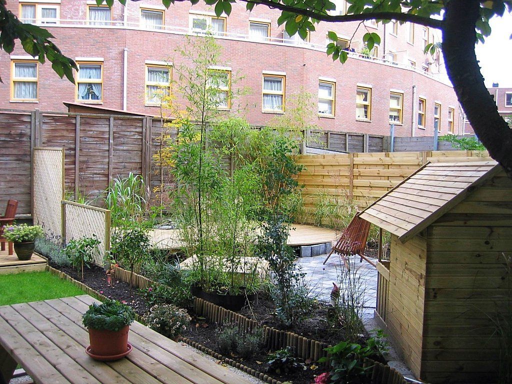 Achtertuin met houten schuttingen, schuur en planten tegen een bakstenen gebouw.