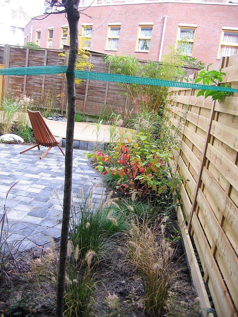 Achtertuin met stenen terras, houten schutting en planten; bakstenen gebouw op de achtergrond.