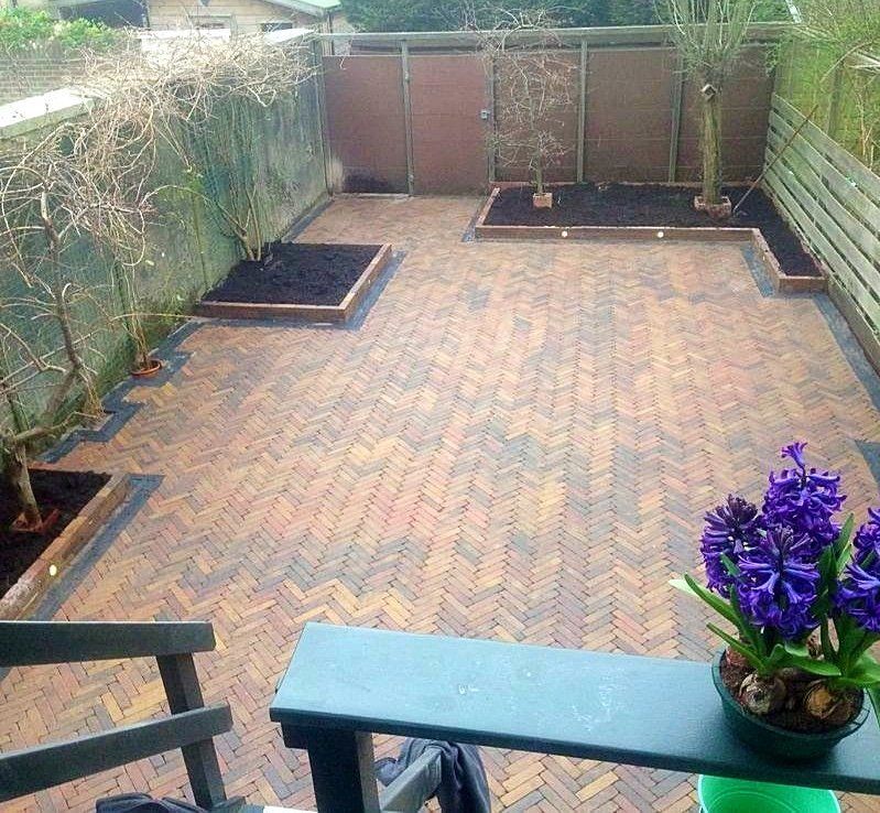 Bakstenen terras met bloemperken; paarse hyacinten op een tafel.