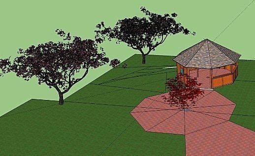 Een tuinscène met bomen, een prieel en een rood bakstenen pad op groen gras.