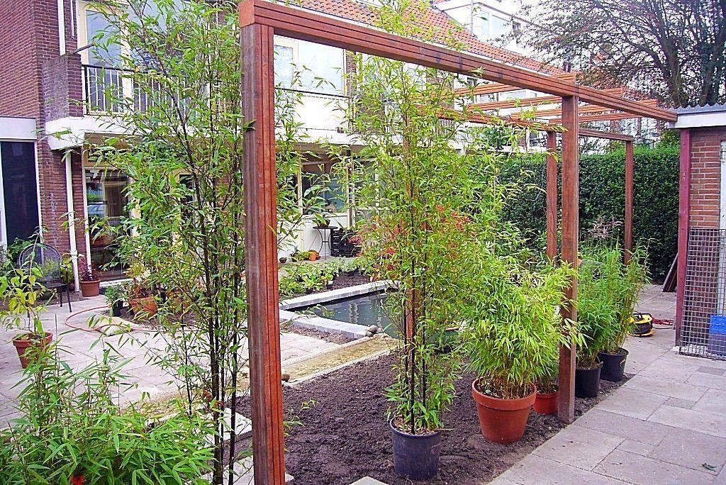Houten pergola met potplanten in een achtertuin; vijver en huis zichtbaar op de achtergrond.
