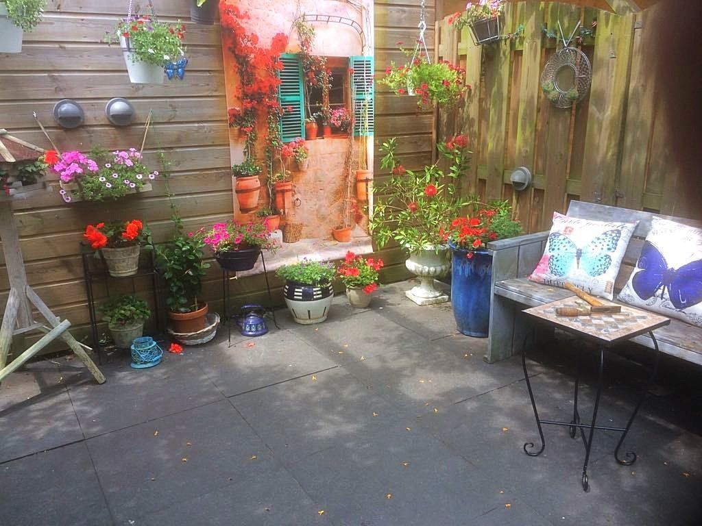Gezellig terras met een bankje, diverse potplanten en een kleurrijke muurschildering van een gebouwgevel.