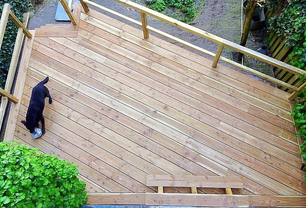 Bovenaanzicht van een houten terras met een zwarte hond en groen.