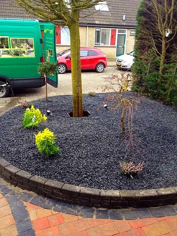 Rond bloembed met zwarte mulch, een boom, kleine planten en een bakstenen rand in een woonomgeving.